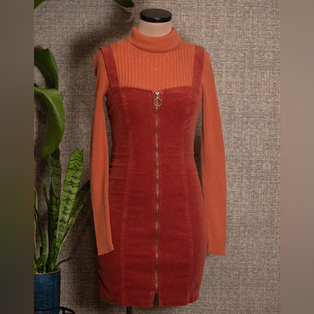 Orange Ribbed Turtleneck Knit Long-Sleeve Sweater and Burnt Orange Corduroy Over